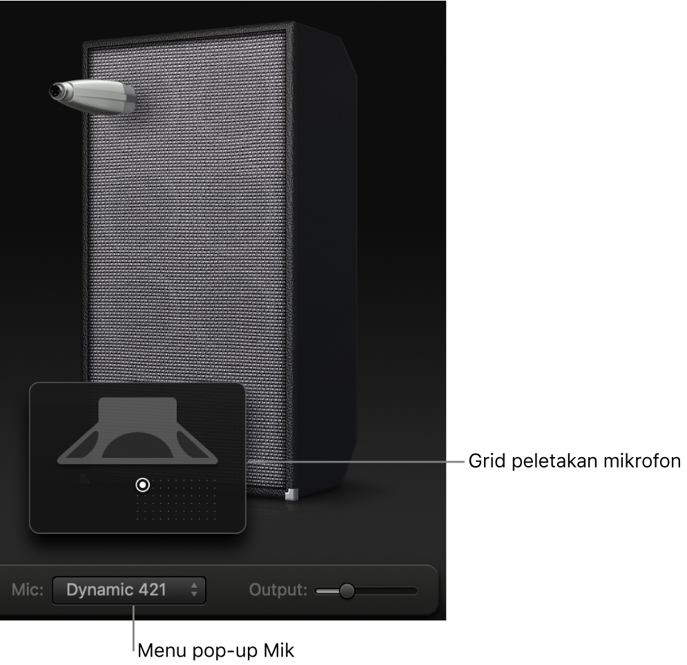 Kabinet Amp Designer Bass menampilkan menu Mik dan grid penempatan Mikrofon.