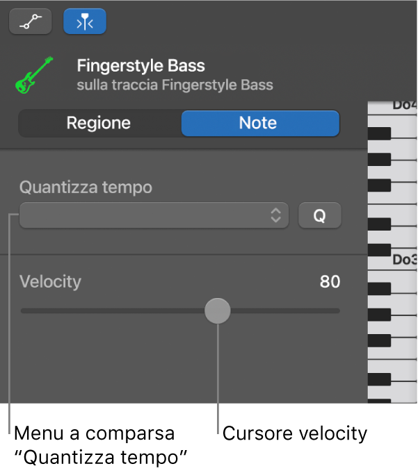 Inspector “Editor Piano roll” in modalità Note, con i controlli.