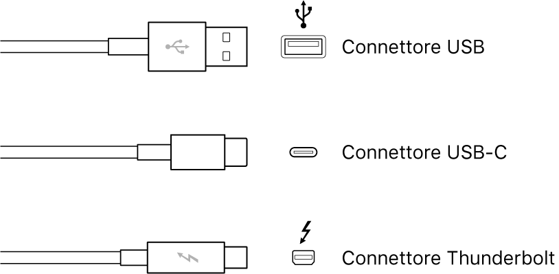 Illustrazione di connettori USB e FireWire.