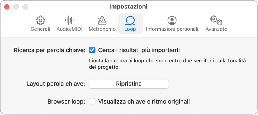 Pannello delle impostazioni Loop.