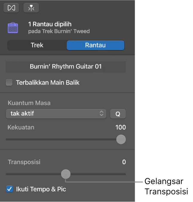 Pemeriksa Editor Audio dalam mod Rantau, menunjukkan gelangsar Transposisi.