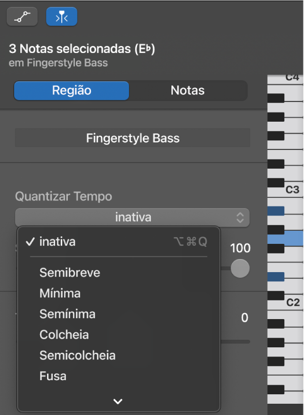 Escolhendo um valor no menu pop-up Quantizar Tempo no inspetor do Editor do Rolo de Piano.