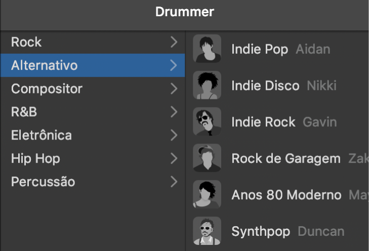 Escolhendo um gênero no Editor de Drummer.