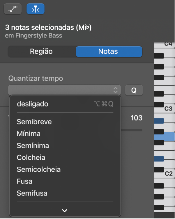 Seleção de um valor no menu pop-up “Quantizar tempo” no inspetor do editor de rolo de piano.
