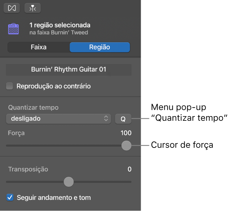 Inspetor do editor de áudio a ilustrar o menu pop-up “Quantizar tempo” e o nivelador Força.