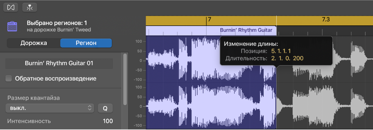 Обрезка региона в редакторе аудио — показан указатель обрезки и справочный маркер.