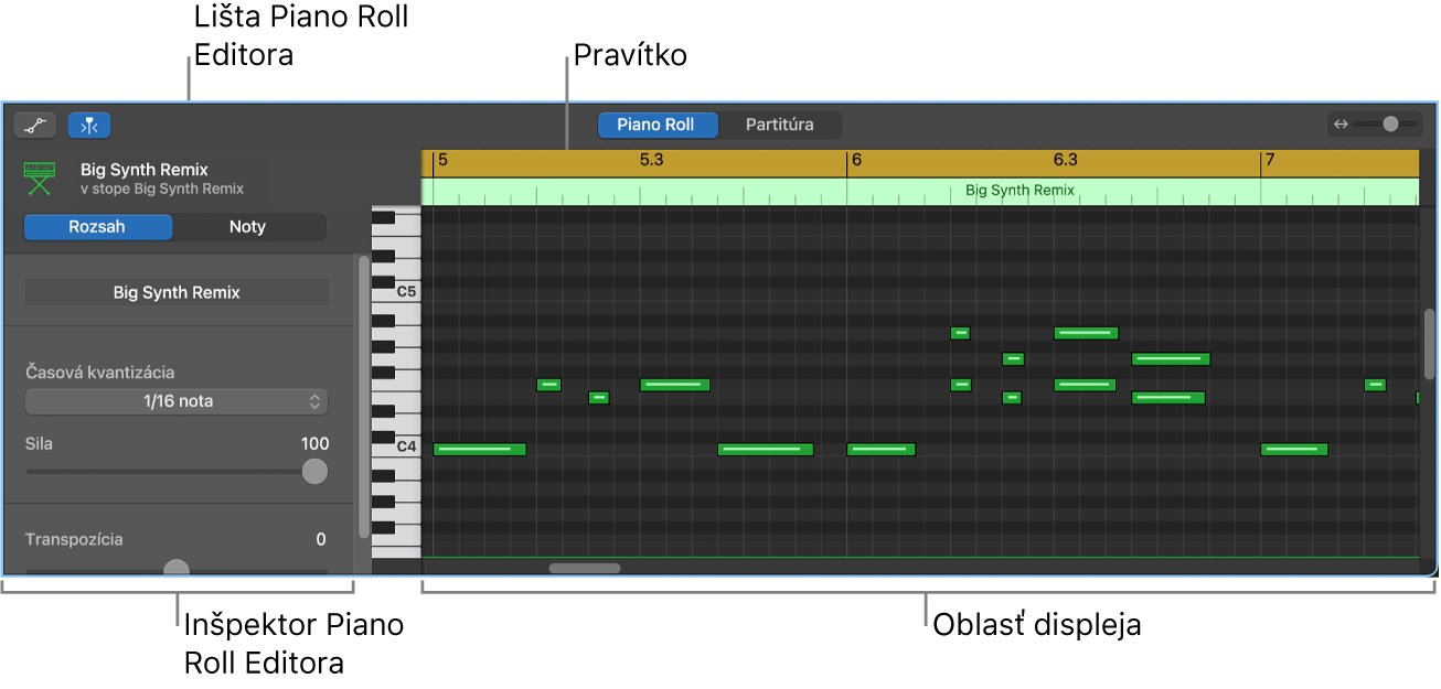Editor Piano Roll poukazujúci na udalosť nôt MIDI.