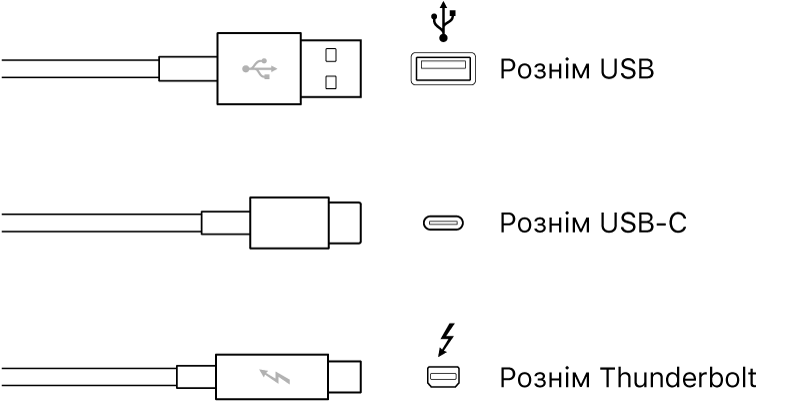 Зображення типів конекторів USB та FireWire.