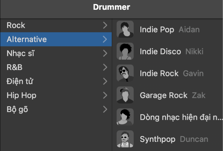 Đang chọn một thể loại trong Trình sửa Drummer.