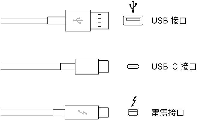 USB 和 FireWire 接口类型插图。