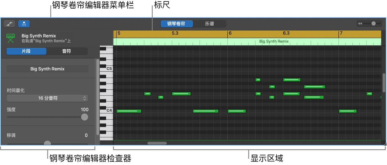 钢琴卷帘编辑器，指出 MIDI 音符事件。