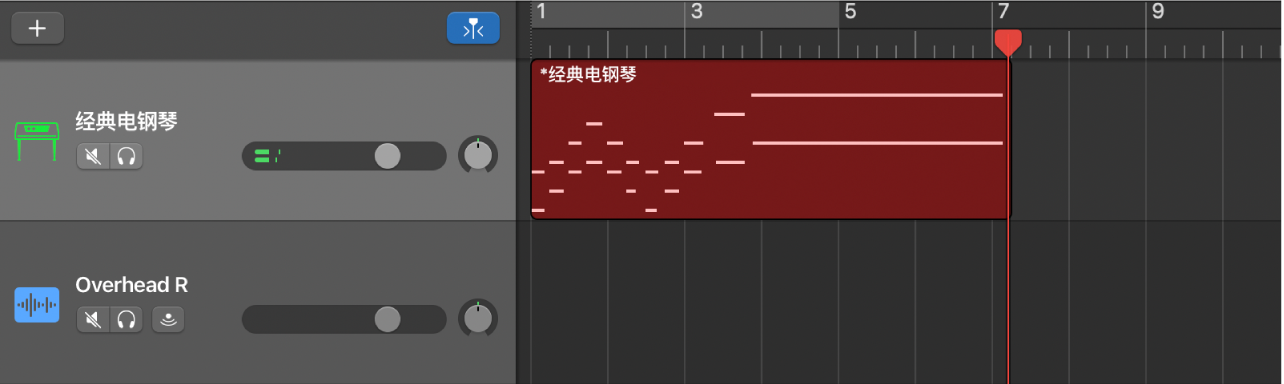 显示轨道区域中红色的录制的 MIDI 片段。
