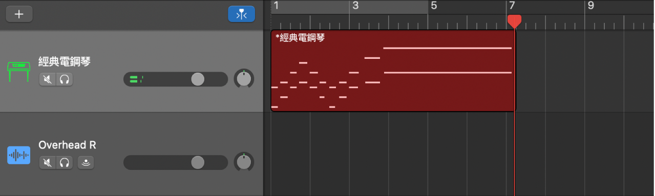 在「音軌」區域中以紅色顯示已錄製的 MIDI 區段。