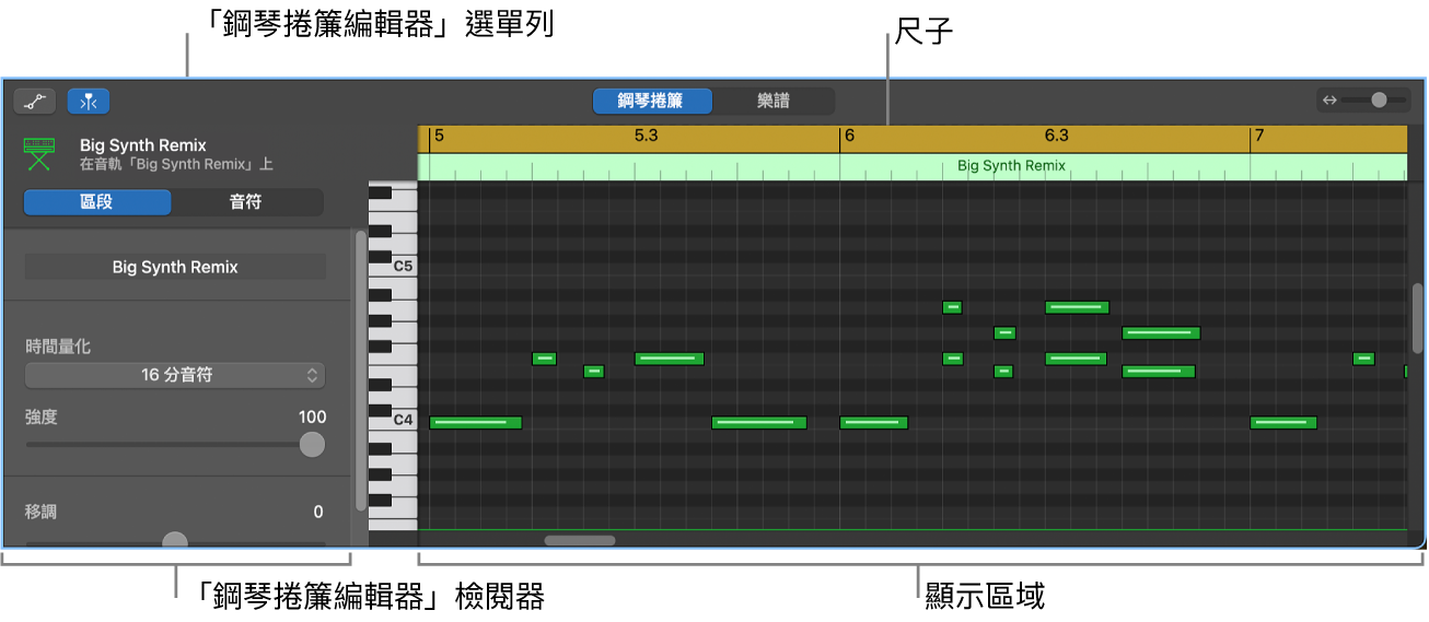 「鋼琴捲簾編輯器」指出 MIDI 音符事件。