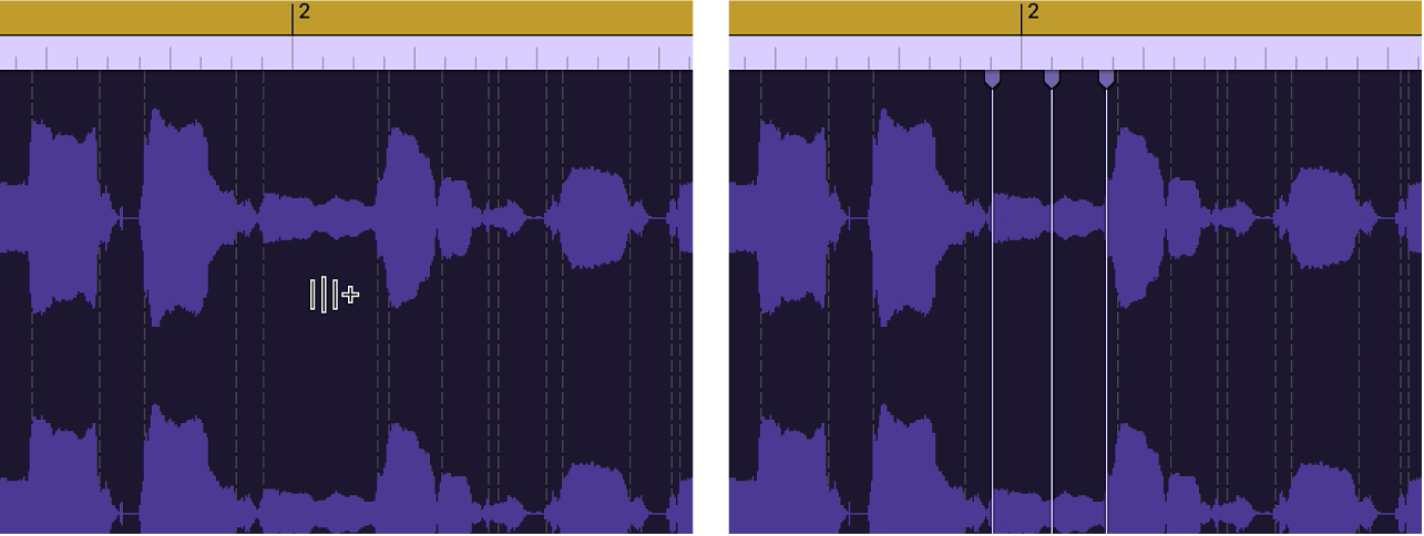 音訊區段，其中暫時標記的上方顯示 Flex 區段製作。