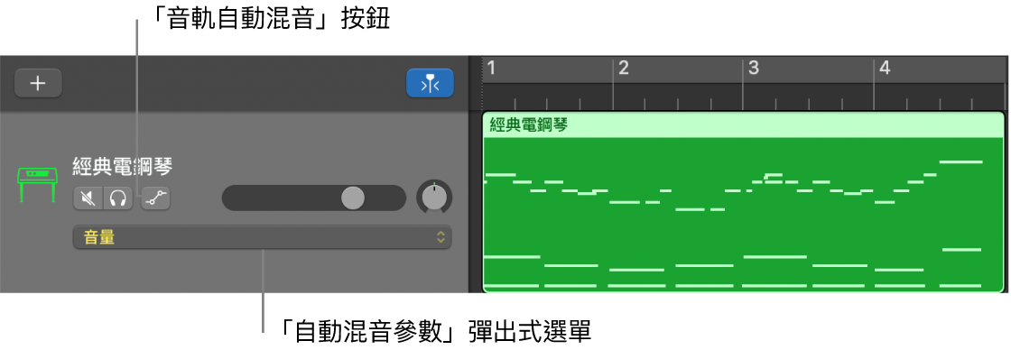 顯示音軌標題中的「音軌自動混音」按鈕和「自動混音參數」彈出式選單。