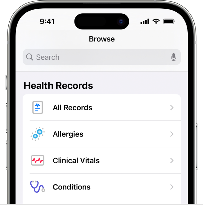 A screenshot of Health Records in the Health app. The screen lists categories that include All Records, Allergies, Clinical Vitals, and Conditions.