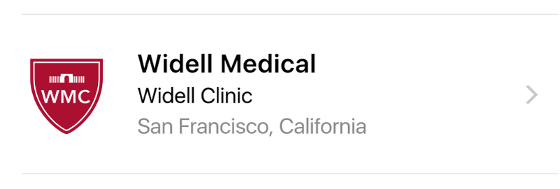 A red logo in the shape of a shield with the letters “WMC.” To its right, a title reads “Widell Medical.” A subtitle reads “Widell Clinic.” Below the subtitle are the words “San Francisco, California.”