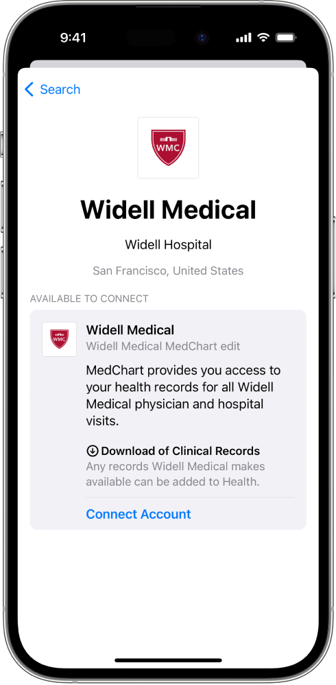 A screen from the Health app showing a single suggestion for a search for the string “Widell.” The suggestion shows the logo and brand name for Widell Medical. Below the brand appears the location name “Widell Hospital,” and below that is the location “San Francisco, California.”