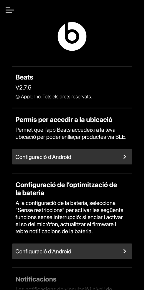 Pantalla de configuració de l’app Beats