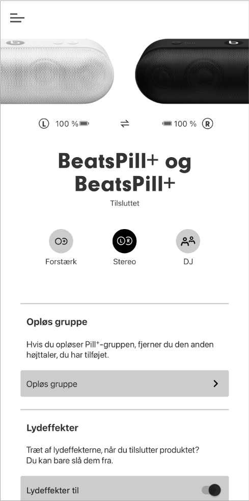 Beats-app-skærm med Stereo slået til
