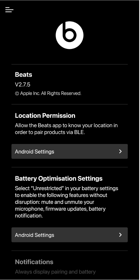 Beats app settings screen