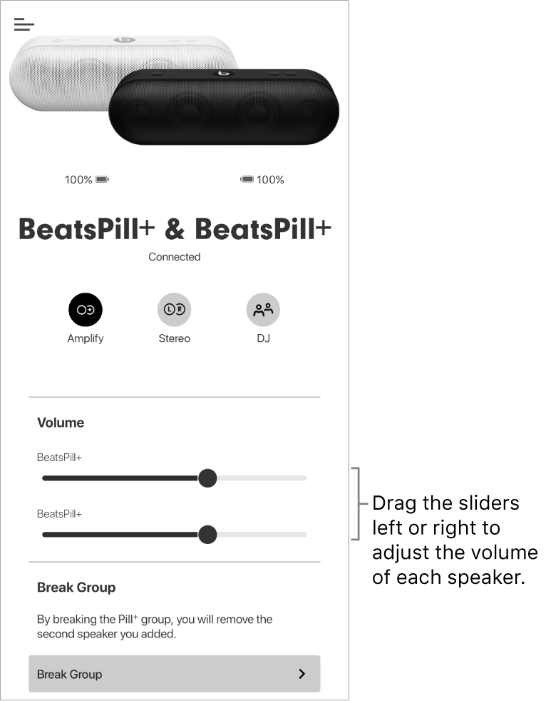 Beats app screen in Amplify mode showing volume controls for two speakers