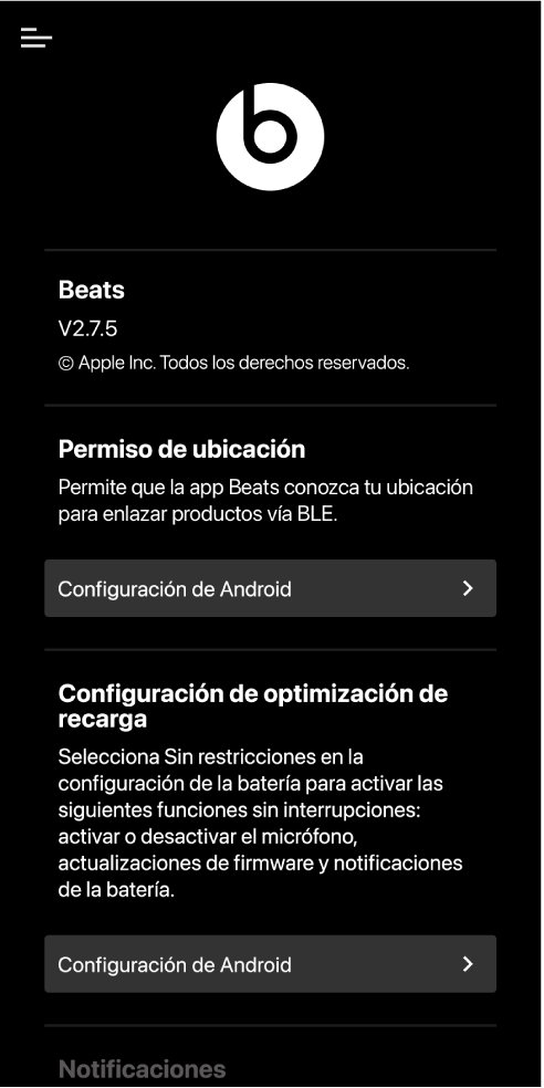 Pantalla de configuración de la app Beats