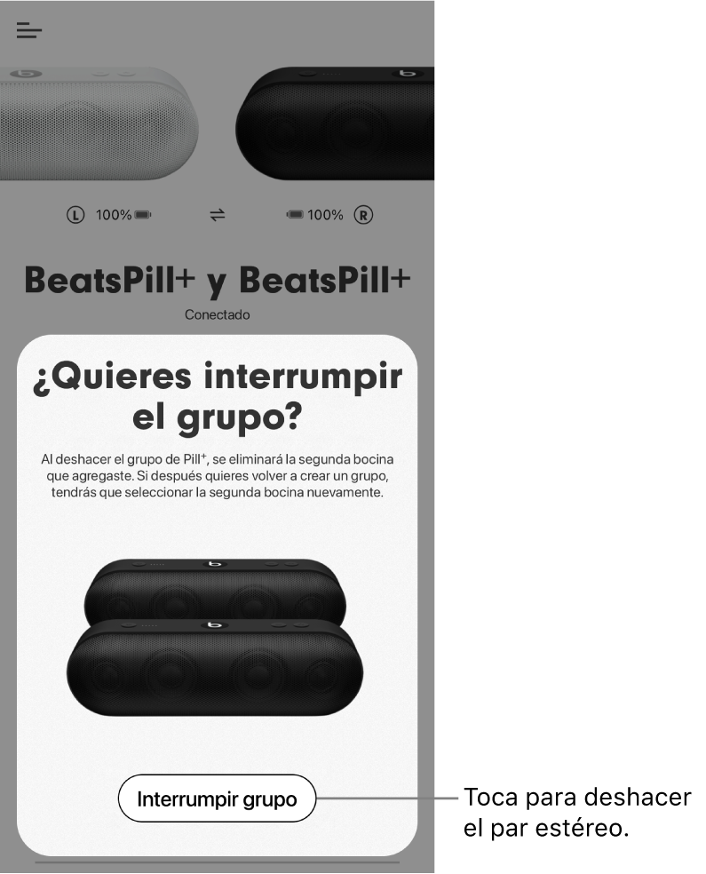 App Beats mostrando la tarjeta Interrumpir grupo