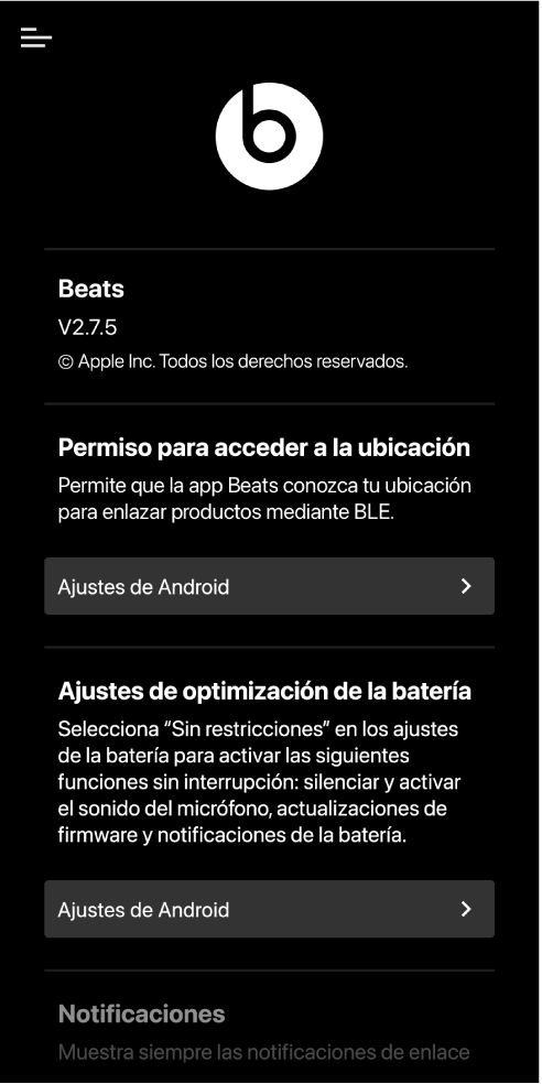 Pantalla de ajustes de la app Beats