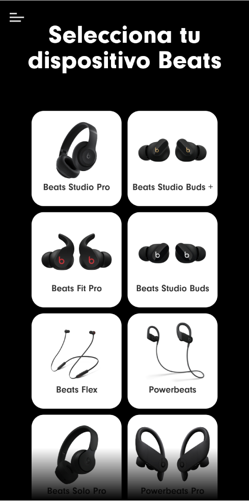 La pantalla “Selecciona tu dispositivo Beats” de la app Beats