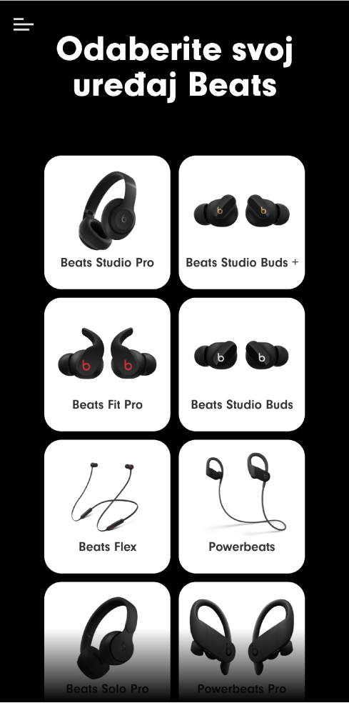 Aplikacija Beats prikazuje zaslon Odaberite svoj uređaj Beats
