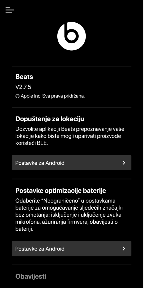 Zaslon postavki za aplikaciju Beats