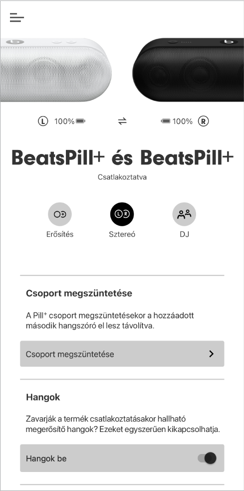 A Beats app képernyője Sztereó módban