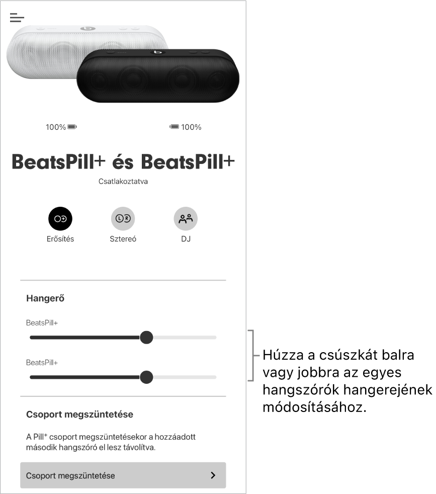 A Beats app képernyője Erősítés módban két hangszóró hangerő-szabályozóival