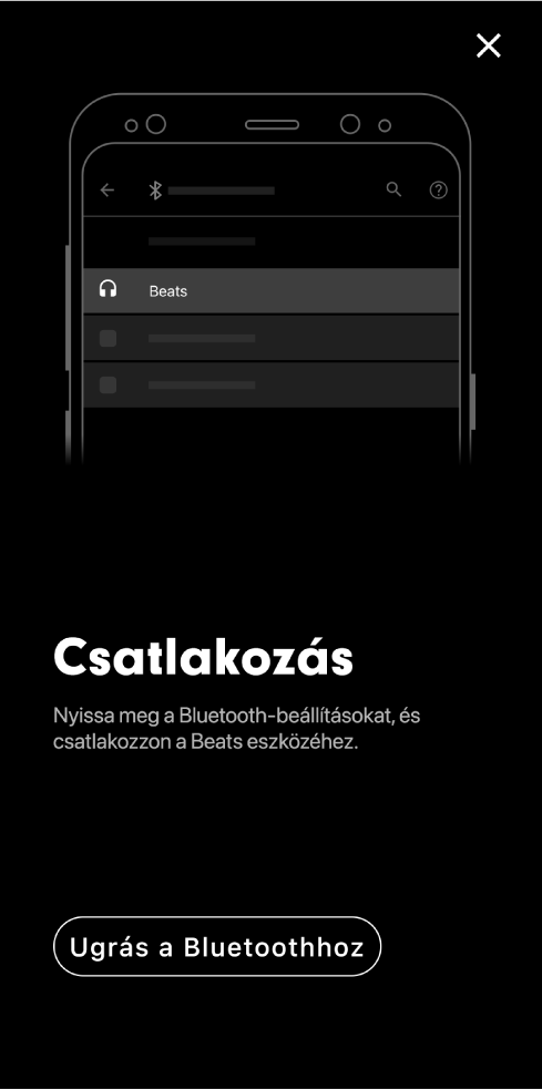 Csatlakozási képernyő az Ugrás a Bluetoothhoz gombbal