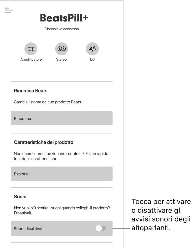 L'opzione “Suoni” nella schermata dell'app Beats del dispositivo