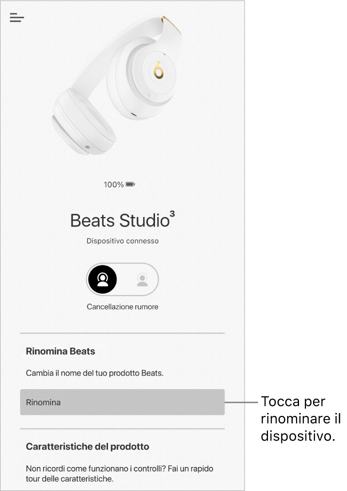 Schermata del dispositivo Studio3 con il pulsante Rinomina