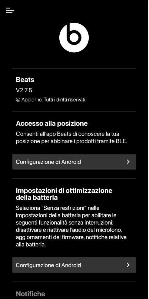 Schermata delle impostazioni dell'app Beats
