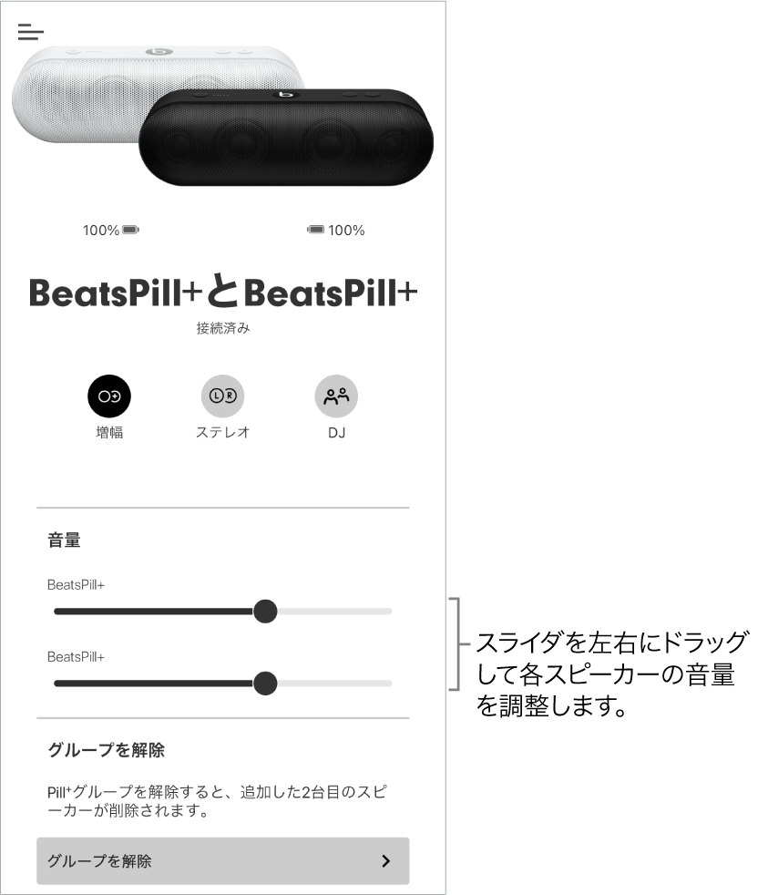 2台のスピーカーの音量コントロールが表示されている増幅モードのBeatsアプリ画面