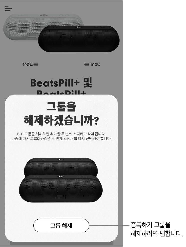 그룹 해제 카드를 표시하는 Beats 앱
