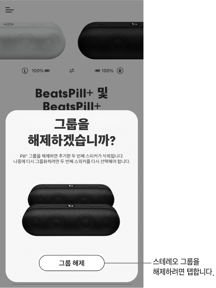 그룹 해제 카드를 표시하는 Beats 앱