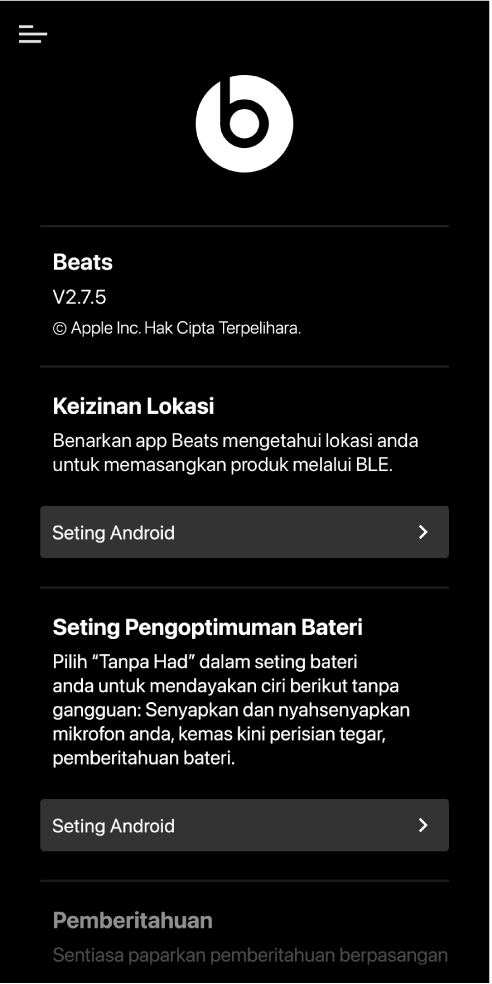 Skrin seting app Beats