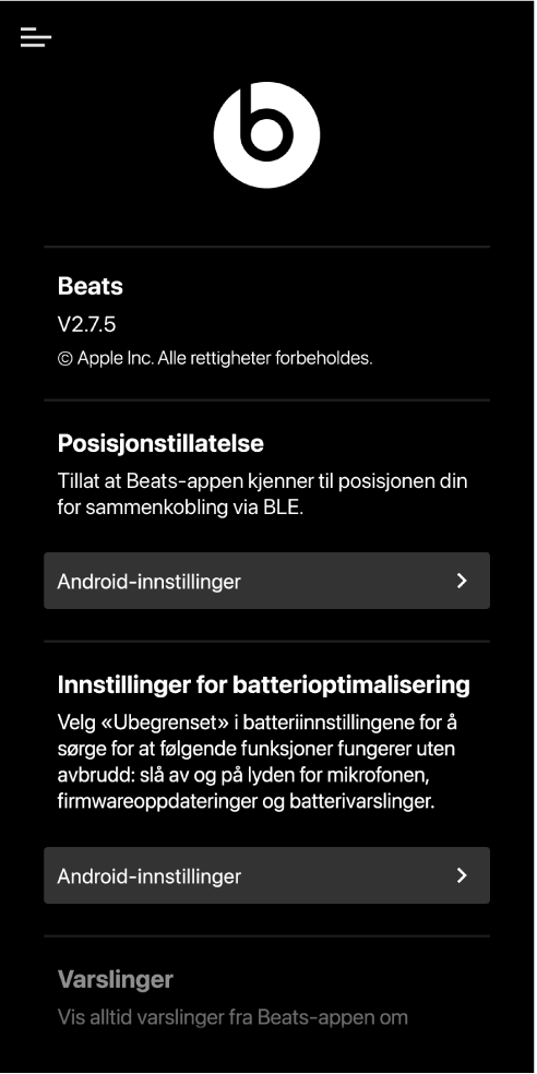 Innstillinger-skjermen i Beats-appen