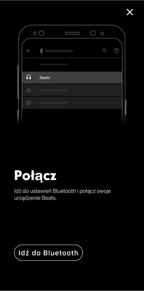 Ekran łączenia zawierający przycisk Idź do Bluetooth