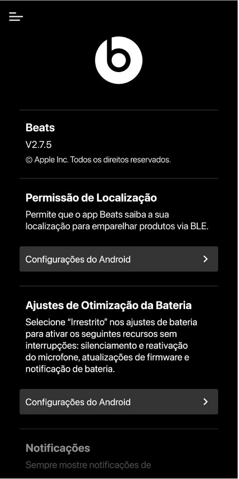 Tela de ajustes do app Beats