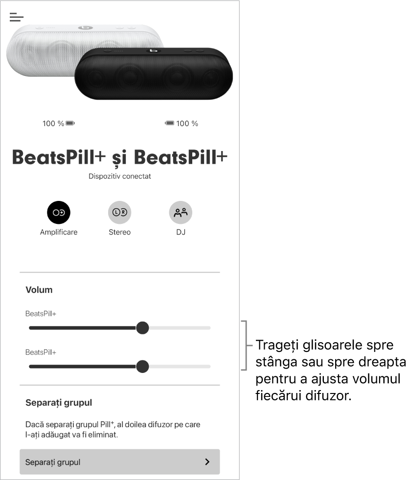Ecranul aplicației Beats în modul Amplificare afișând comenzile de volum pentru două difuzoare