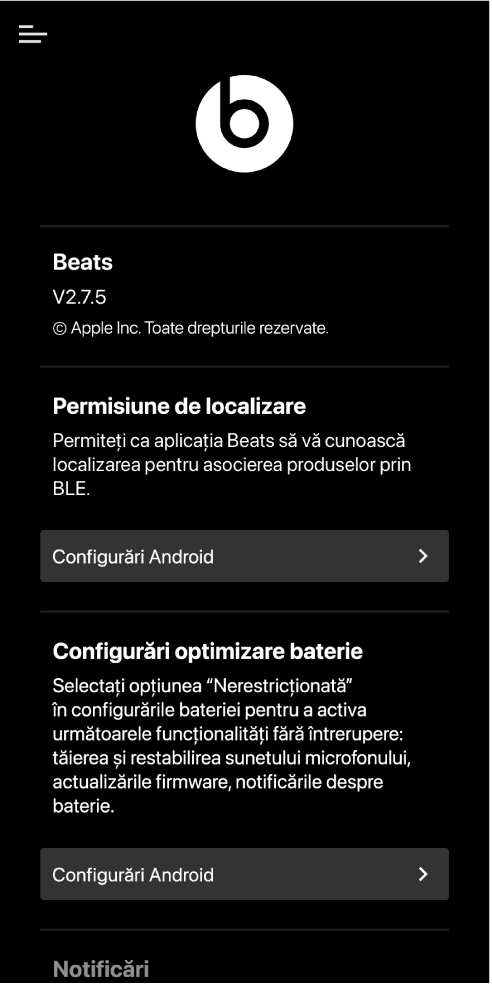 Ecranul pentru configurări al aplicației Beats