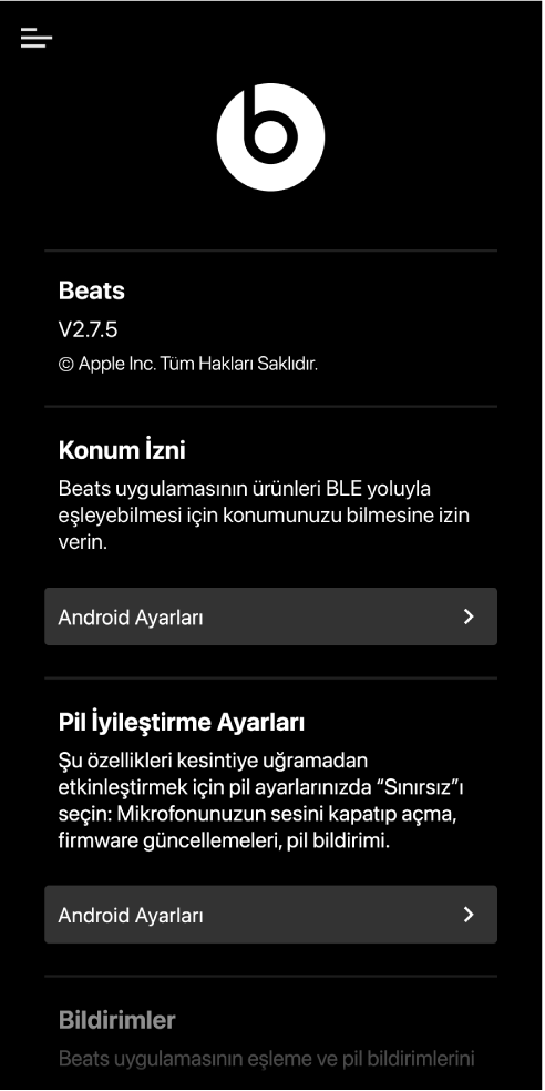 Beats uygulaması ayarlar ekranı