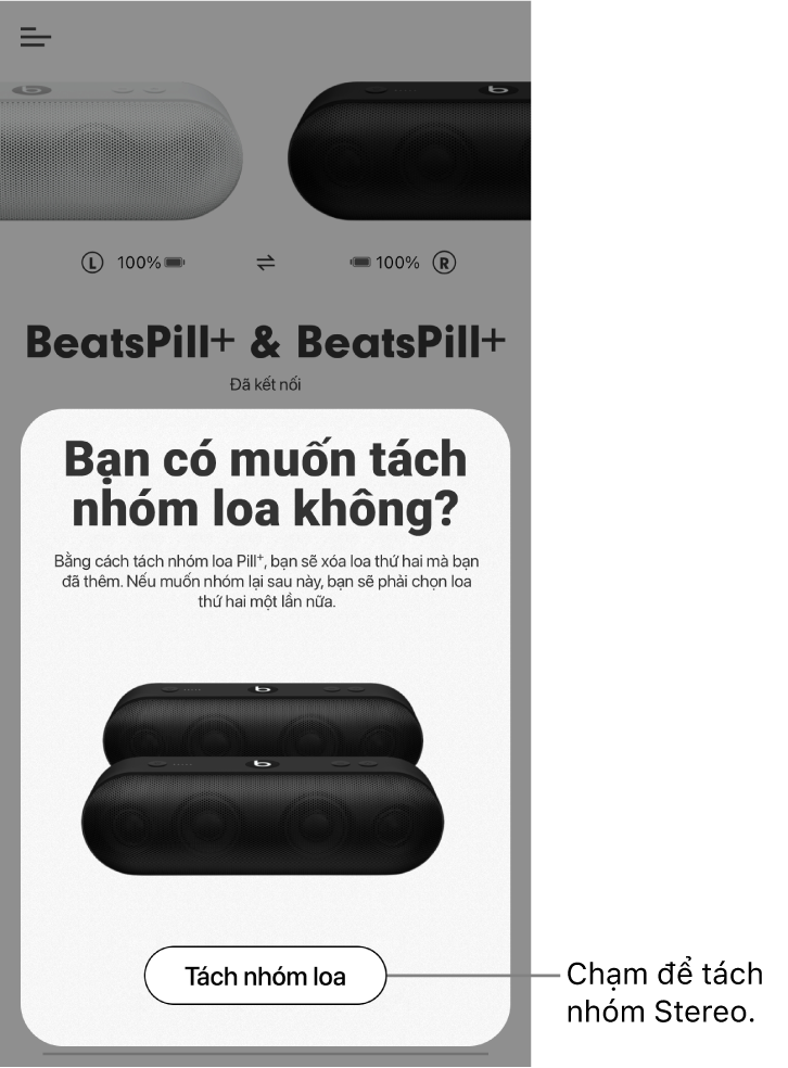 Ứng dụng Beats đang hiển thị thẻ Tách nhóm loa